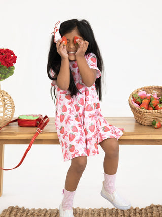 Summer Strawberry Bow Girls Short Sleeve Dress - Sunny Meadow Boutique