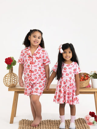 Summer Strawberry Bow Girls Short Sleeve Dress - Sunny Meadow Boutique