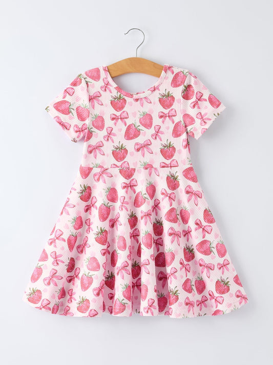 Summer Strawberry Bow Girls Short Sleeve Dress - Sunny Meadow Boutique