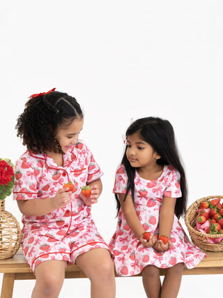 Summer Strawberry Bow Girls Short Sleeve Dress - Sunny Meadow Boutique