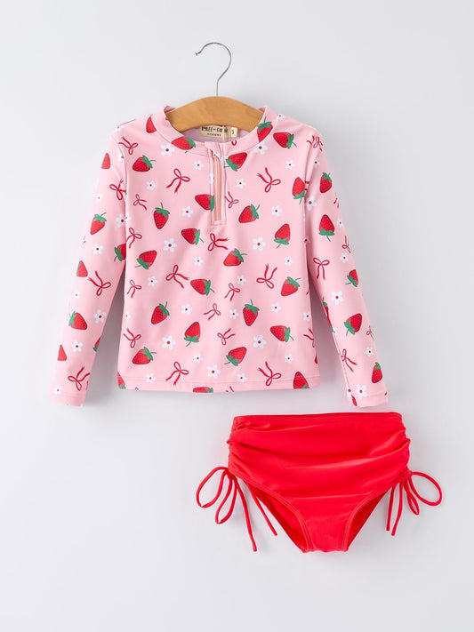 Summer Strawberry Print Girls Long Sleeve Swim Set - Sunny Meadow Boutique