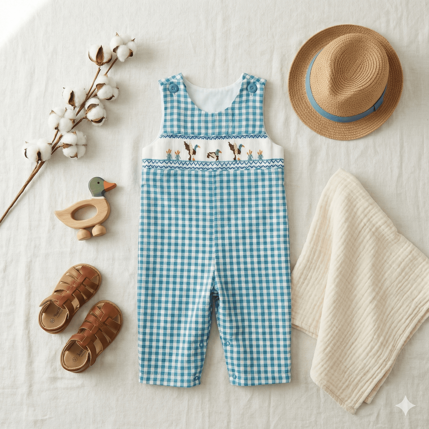 Sunny Meadow Classic Blue Gingham Smocked Mallard Duck Jon Jon - Sunny Meadow Boutique