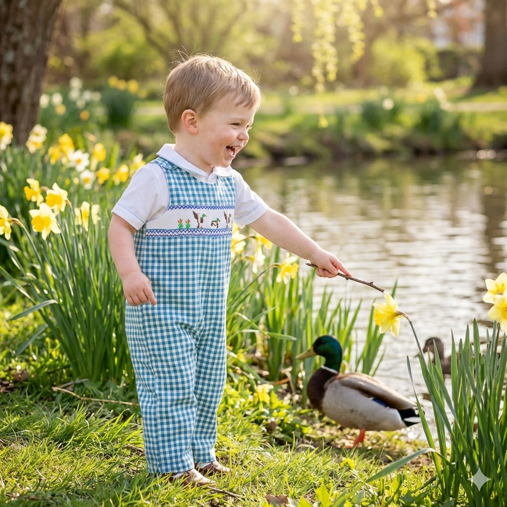 Sunny Meadow Classic Blue Gingham Smocked Mallard Duck Jon Jon - Sunny Meadow Boutique