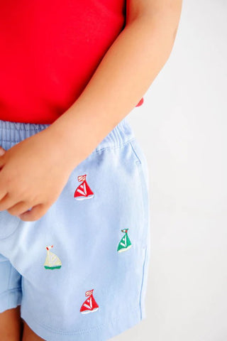 The Beaufort Bonnet Company Critter Sheffield Shorts - Beale Street Blue with Sailboats - Sunny Meadow Boutique