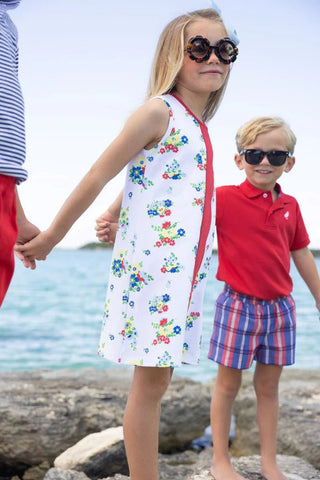 The Beaufort Bonnet Company Daisy Dress - Biltmore Blooms (Buckhead Blue) with Richmond Red - Sunny Meadow Boutique
