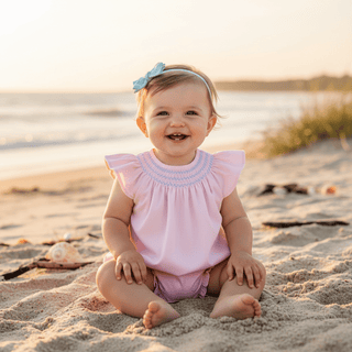 The Beaufort Bonnet Company Sandy Smocked Romper - Palm Beach Pink with Beale Street Blue & Worth Avenue White - Sunny Meadow Boutique