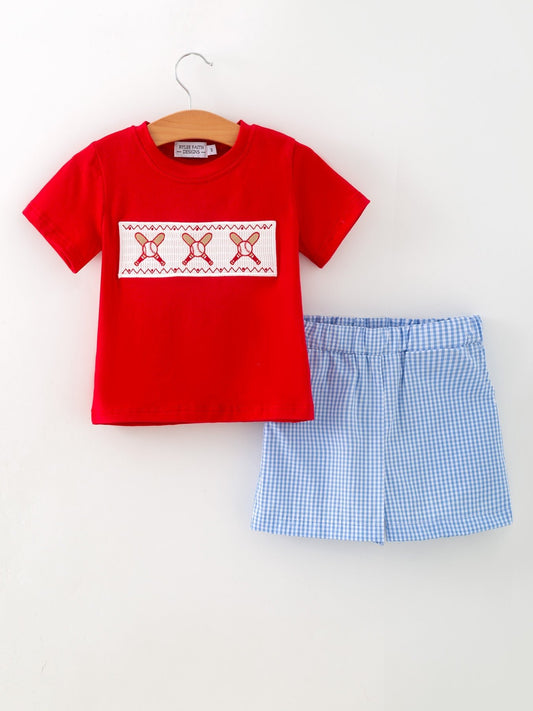 Toddler Boys Red Baseball Smocked Tee and Blue Plaid Shorts Set - Sunny Meadow Boutique