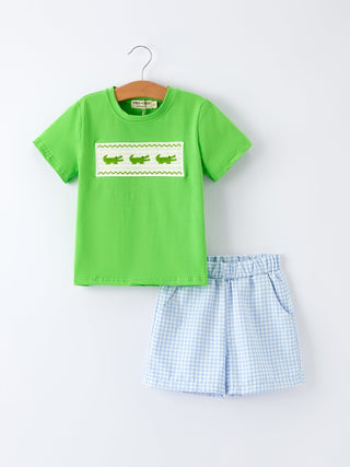 Toddler Boys Summer Crocodile Embroidered Plaid Shorts Set - Sunny Meadow Boutique