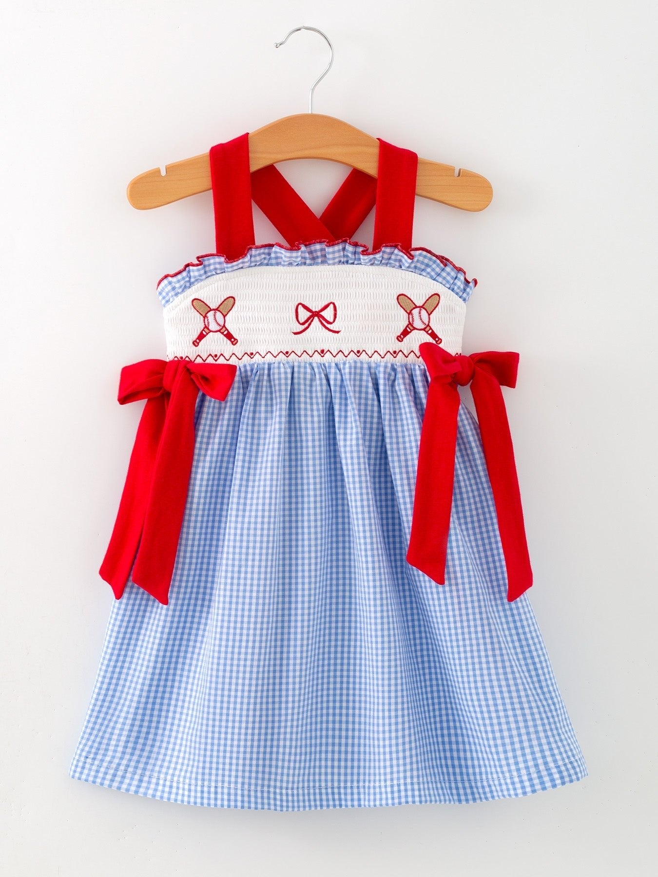 Toddler Girls Baseball Smocked Dress – Blue Plaid Summer Outfit - Sunny Meadow Boutique