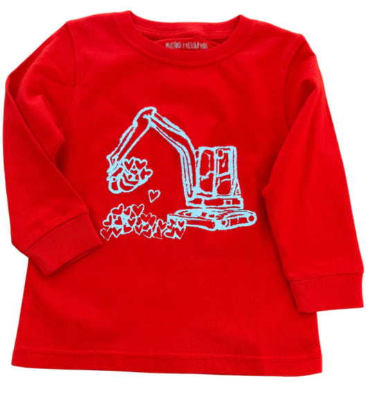 Red long-sleeve shirt with white excavator graphic on a white background