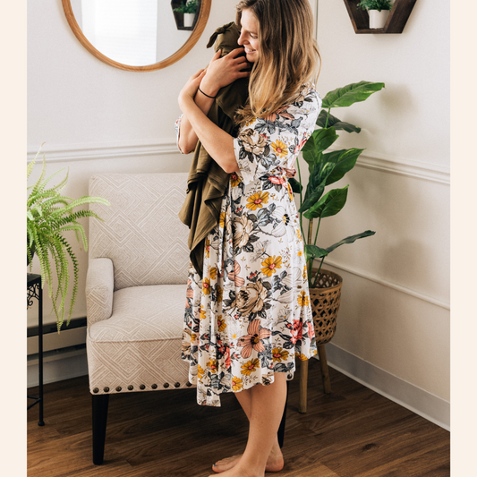 Vintage Floral Maternity Delivery Gown & Olive Green Swaddle