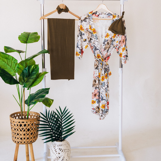 Vintage Floral Maternity Delivery Gown & Olive Green Swaddle
