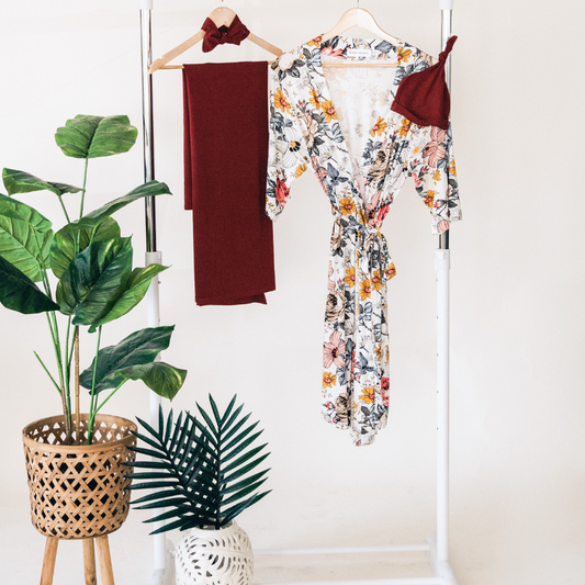 Vintage Floral Maternity Delivery Gown & Brick Red Swaddle