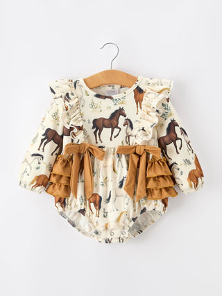 Western Horse Girls Romper Bow Ruffle Long Sleeve - Sunny Meadow Boutique