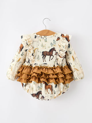 Western Horse Girls Romper Bow Ruffle Long Sleeve - Sunny Meadow Boutique