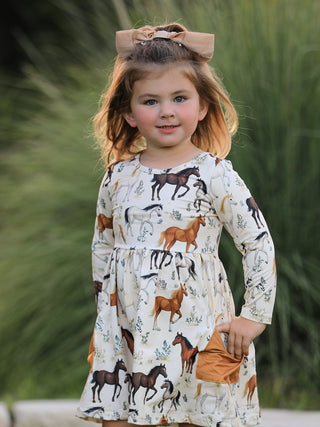Western Horse Print Long Sleeve Dress - Sunny Meadow Boutique