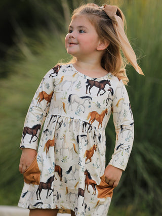 Western Horse Print Long Sleeve Dress - Sunny Meadow Boutique