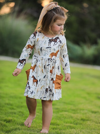 Western Horse Print Long Sleeve Dress - Sunny Meadow Boutique