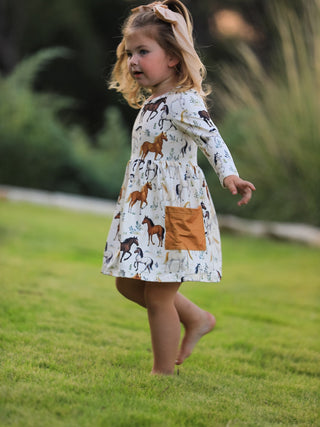 Western Horse Print Long Sleeve Dress - Sunny Meadow Boutique