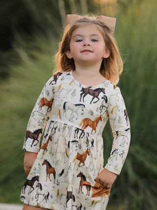 Western Horse Print Long Sleeve Dress - Sunny Meadow Boutique