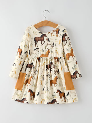 Western Horse Print Long Sleeve Dress - Sunny Meadow Boutique