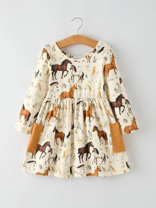 Western Horse Print Long Sleeve Dress - Sunny Meadow Boutique