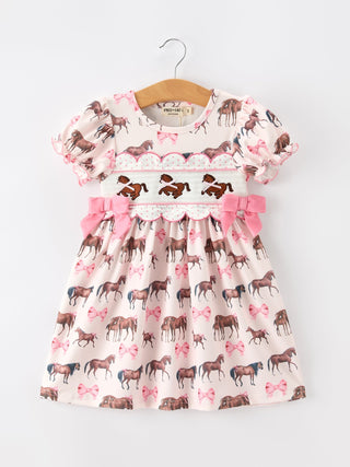 Western Horse Smocked Girls Dress Bow Ruffle Short Sleeve - Sunny Meadow Boutique