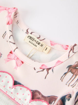 Western Horse Smocked Girls Dress Bow Ruffle Short Sleeve - Sunny Meadow Boutique