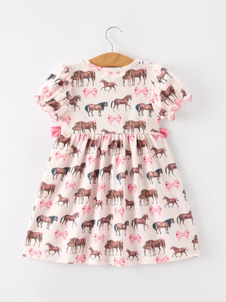 Western Horse Smocked Girls Dress Bow Ruffle Short Sleeve - Sunny Meadow Boutique