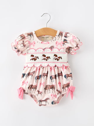 Western Horse Smocked Girls Romper Bow Ruffle Short Sleeve - Sunny Meadow Boutique