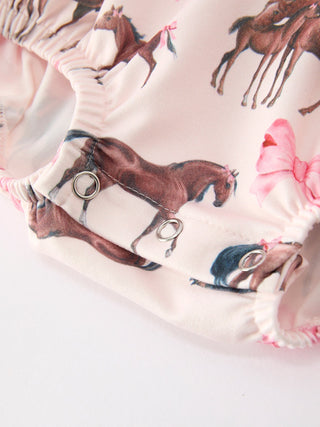 Western Horse Smocked Girls Romper Bow Ruffle Short Sleeve - Sunny Meadow Boutique