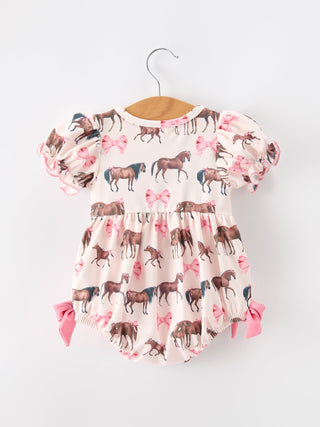 Western Horse Smocked Girls Romper Bow Ruffle Short Sleeve - Sunny Meadow Boutique