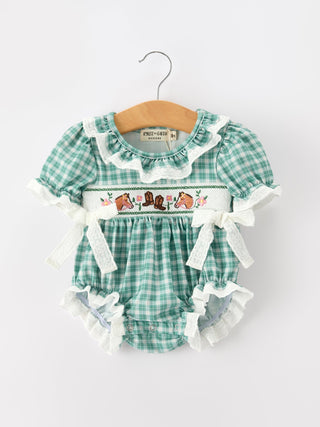 Western Plaid Horse Embroidered Girl Bubble Romper - Sunny Meadow Boutique