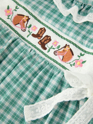 Western Plaid Horse Embroidered Girl Dress - Sunny Meadow Boutique