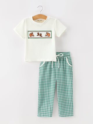 Western Plaid Horse Embroidery Boy Pants Set - Sunny Meadow Boutique
