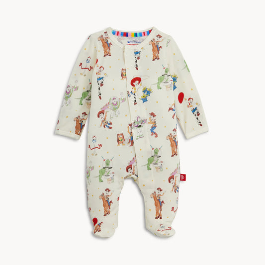 Baby onesie with colorful character print on a white background